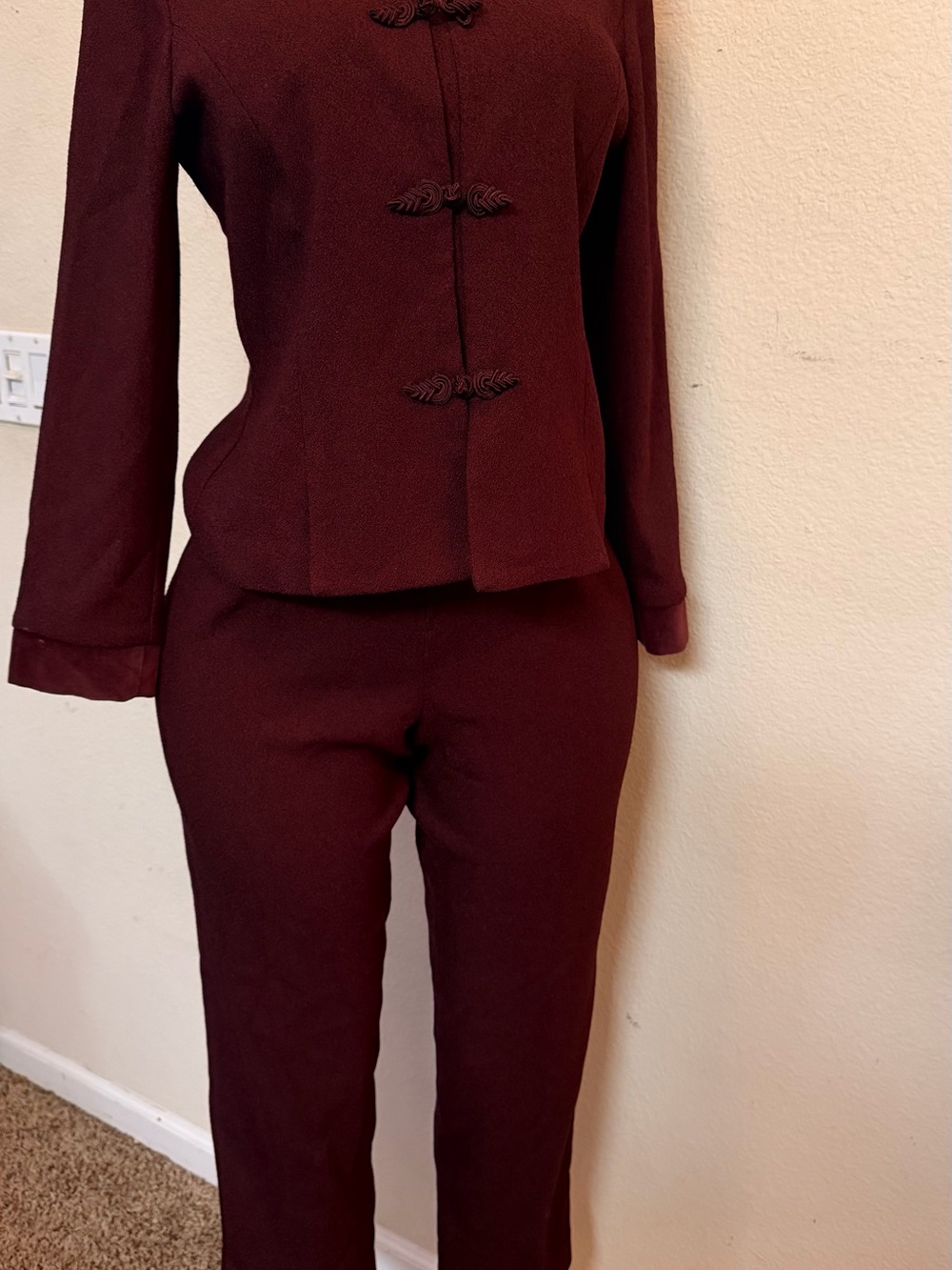 Jessica Howard Burgundy Tailored Pantsuit with Frog Closures